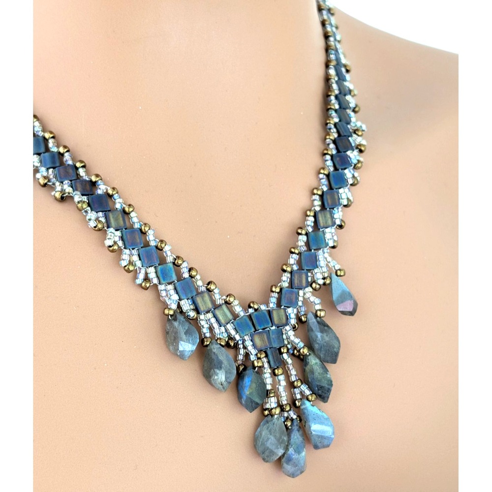 Handmade Labradorite Fringe Necklace Set Beadwoven Miyuki Tila Beads Artisan